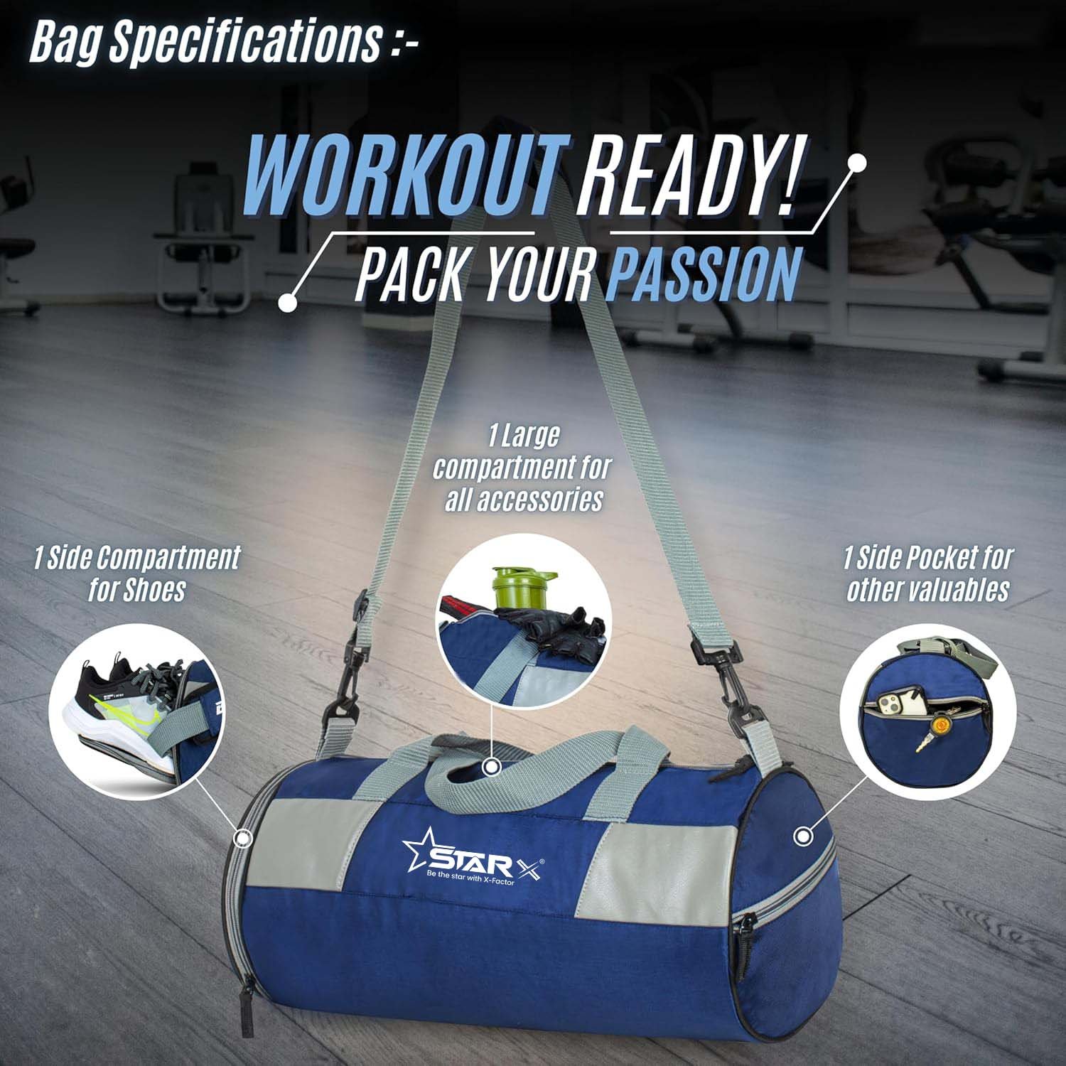 Gym Accessories Set with Round Duffle Bag, Weight Lifting Belt, Hand Gripper, Jump Rope, Workout Gloves