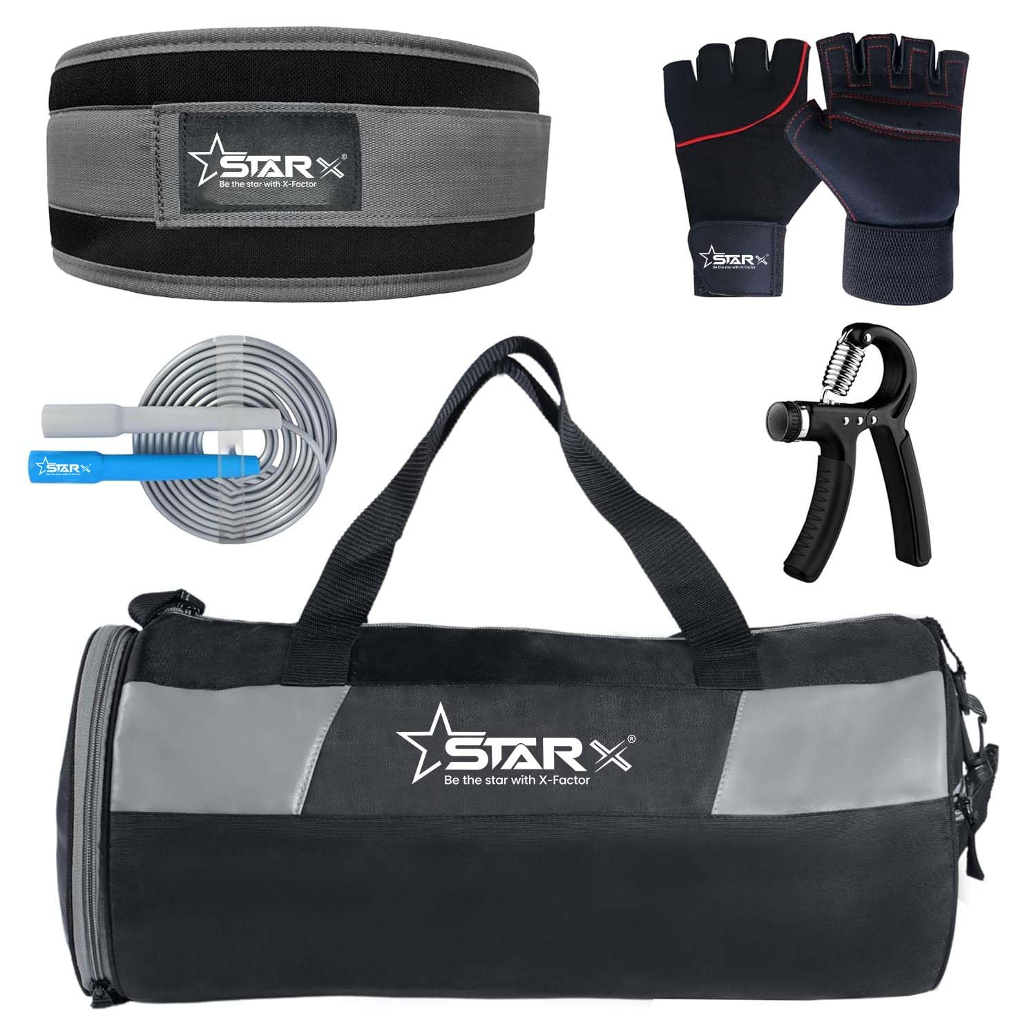 Gym Accessories Set with Duffle Bag, Weight Lifting Belt, Hand Gripper, Jump Rope, Workout Gloves