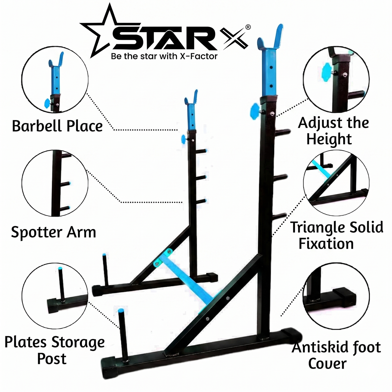 Squat Rack + Adjustable Bench Combo with Rubber Weight Plates & Dumbbell Rods