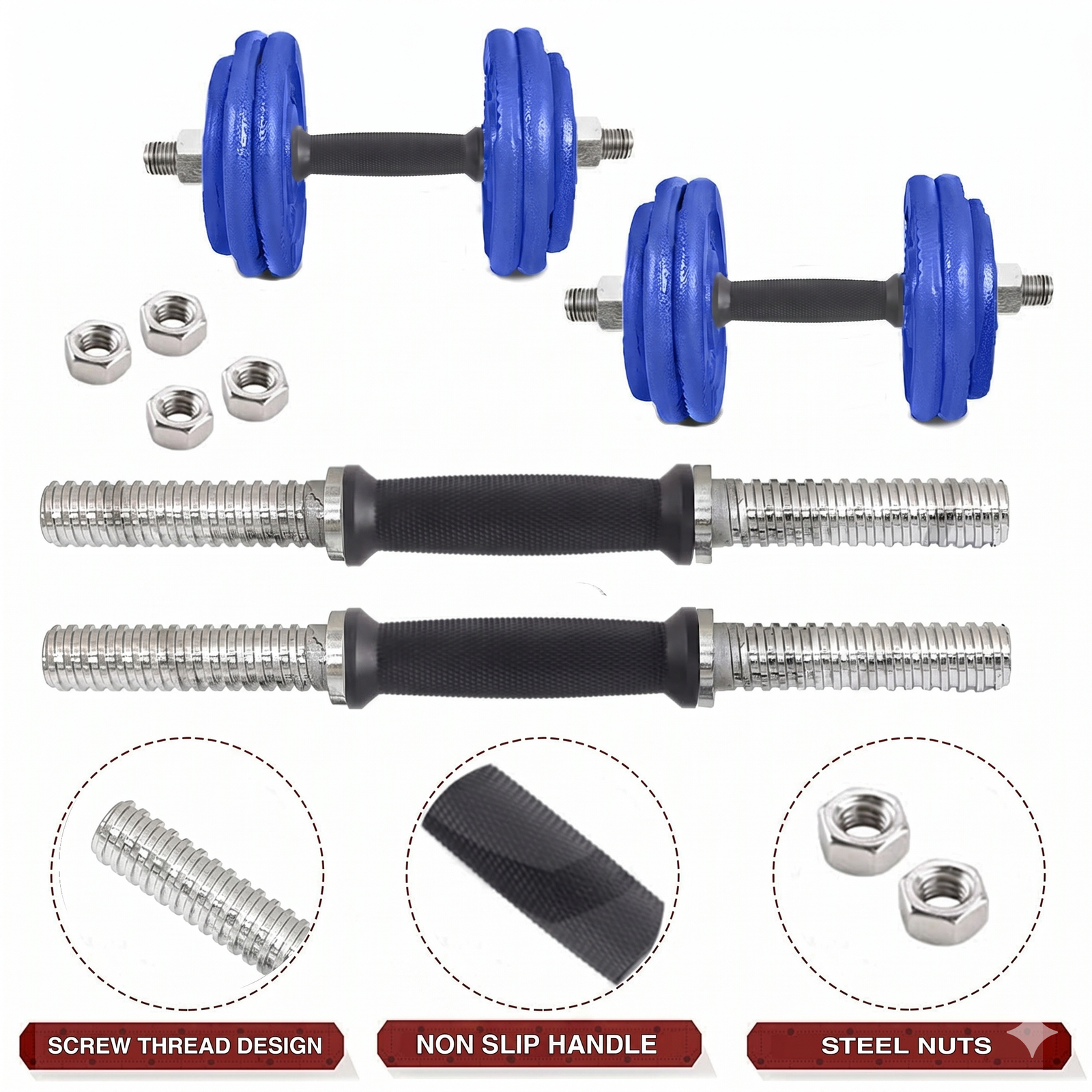 Adjustable Cast Iron Dumbbell Set (Solid Nut) with Weight Plates/Dumbbell Rods