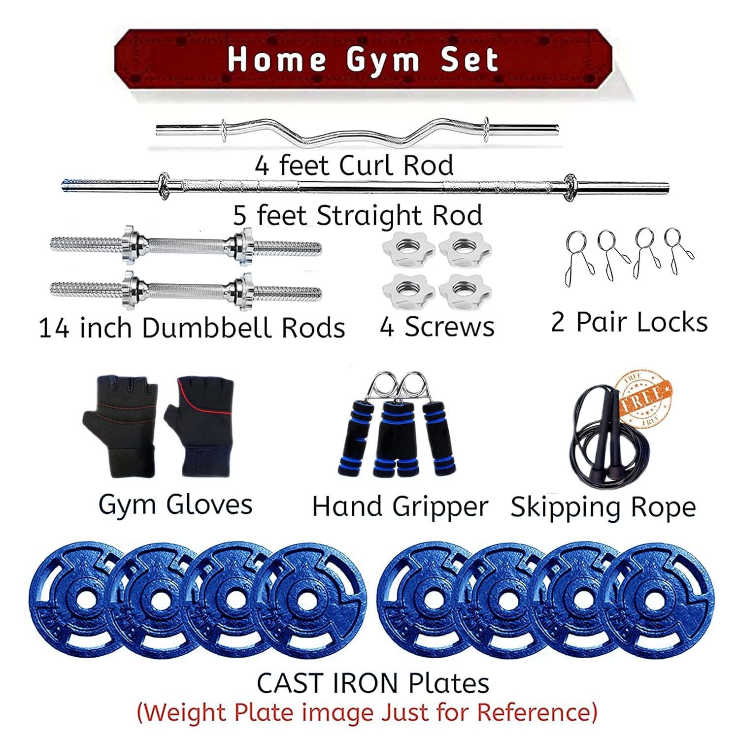 Squat Rack + Adjustable Bench Combo with Cast Iron Weight Plates & Star Nut Dumbbell Rods