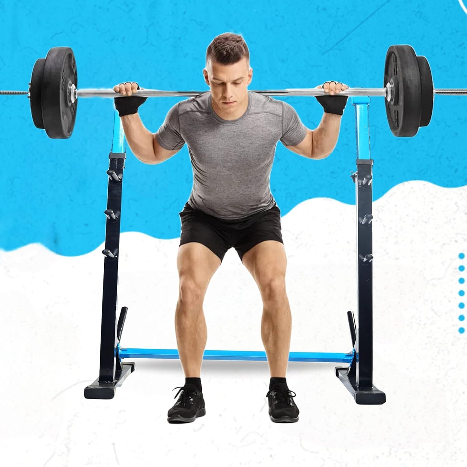 Squat Rack + Adjustable Bench Combo with Cast Iron Weight Plates & Star Nut Dumbbell Rods