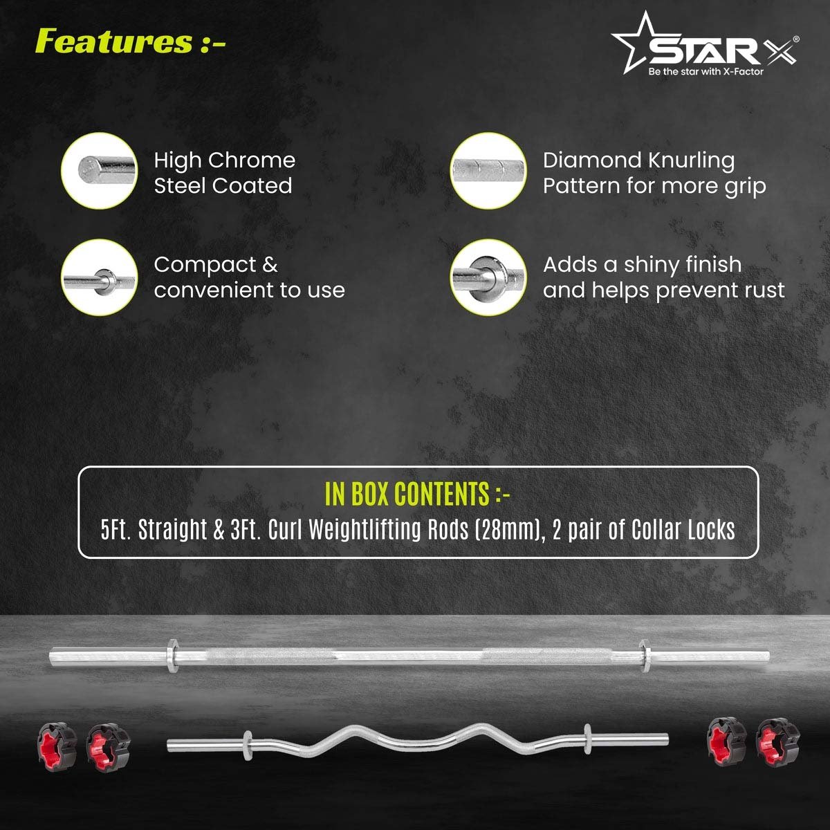 5Ft Straight & 3 ft Curl (28mm) Weight lifting rods with Collar Locks