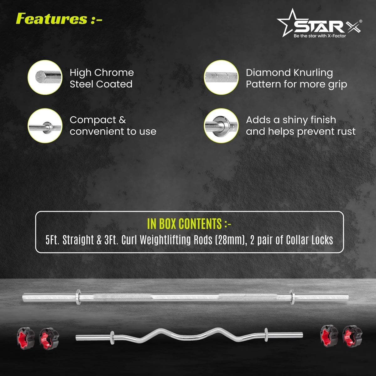 5Ft Straight & 3 ft Curl (28mm) Weight lifting rods with Collar Locks