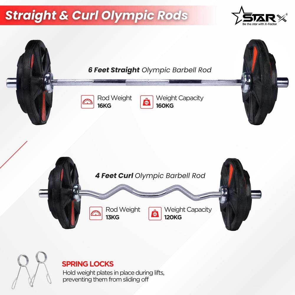 X-Cut Rubber Coated Home Gym Set with 6ft Straight/4ft. Curl Olympic Barbells