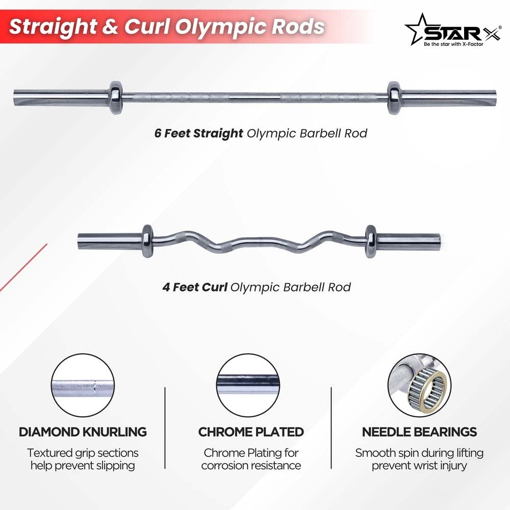 X-Cut Rubber Coated Home Gym Set with 6ft Straight/4ft. Curl Olympic Barbells
