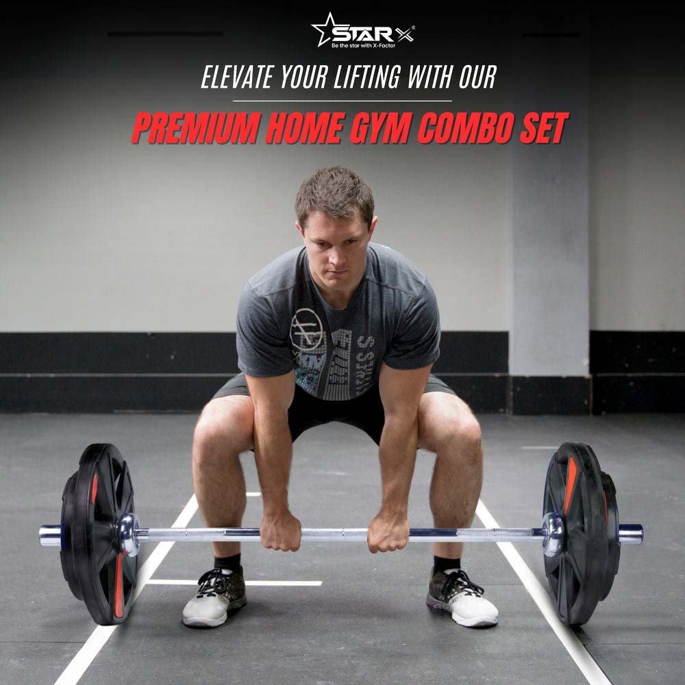 X-Cut Rubber Coated Home Gym Set with 6ft Straight/4ft. Curl Olympic Barbells
